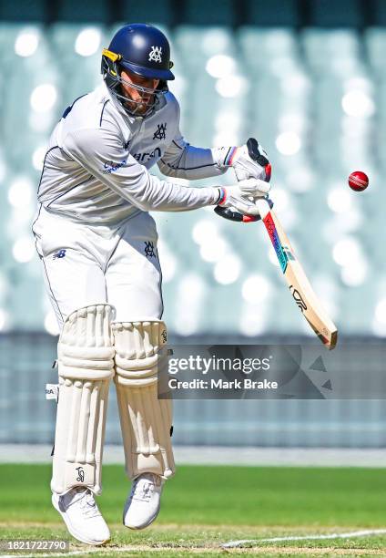 Fergus O'Neill of the Bushrangers bats during the Sheffield Shield match between South Australia and Victoria at Adelaide Oval, on November 30 in...