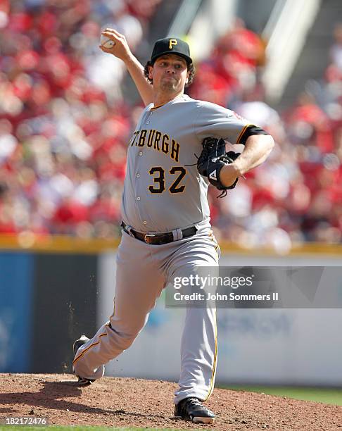 Vin Mazzaro of the Pittsburgh Pirates throws a pitch during the game against the Cincinnati Reds at Great American Ball Park on September 28, 2013 in...