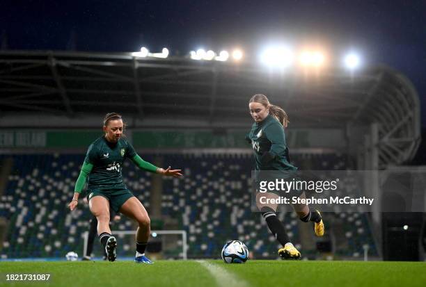 Belfast , United Kingdom - 4 December 2023; Izzy Atkinson and Katie McCabe, left, during a Republic of Ireland women training session at the National...