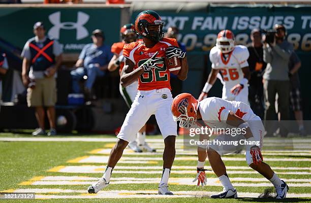 September 28 : WR Rashard Higgins of Colorado State University catch the touchdown pass by DB Nick Gathrite of University of Texas at El Paso in the...