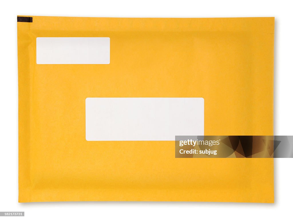 Yellow padded envelope with blank white labels