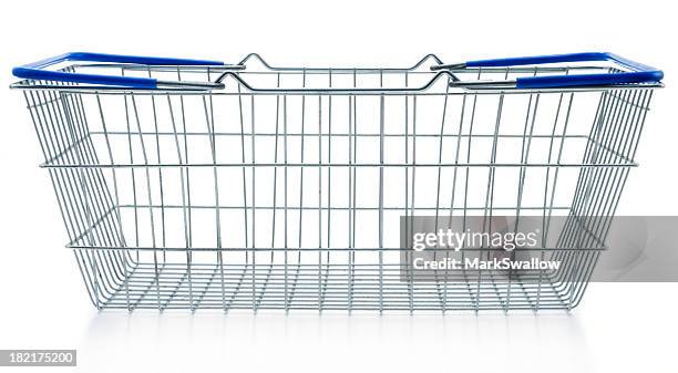empty shopping basket metal with blue handles - boodschappenmand stockfoto's en -beelden