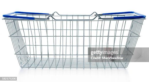 empty shopping basket metal with blue handles - shopping basket stock pictures, royalty-free photos & images