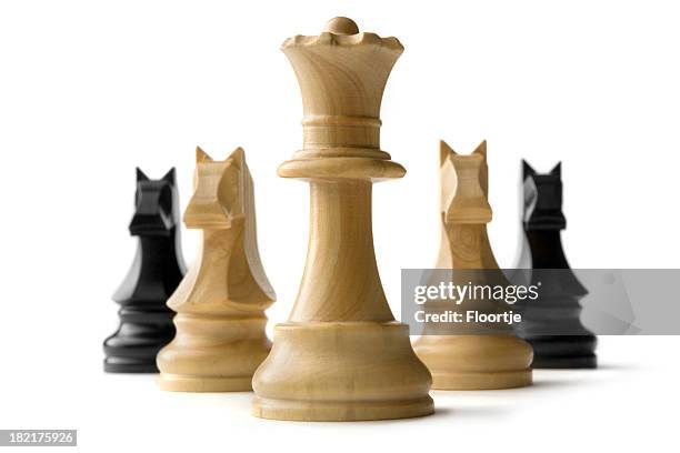 chess: queen and knights isolated on white background - chess defeat stock pictures, royalty-free photos & images