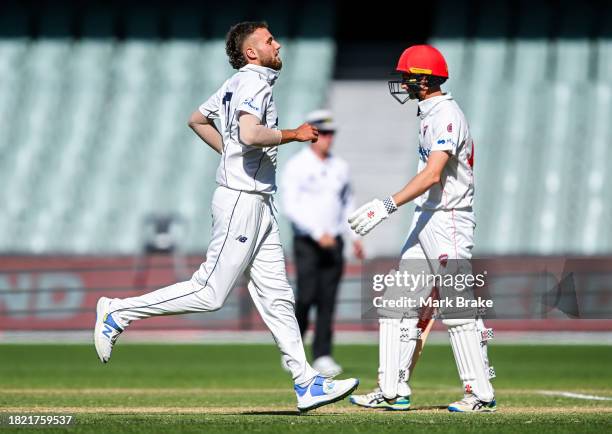 Fergus O'Neill of the Bushrangers celebrates the wicket of Jake Carder of the Redbacks during the Sheffield Shield match between South Australia and...