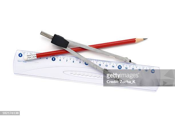 geometry compass, ruler and red pencil on white background - ruler stockfoto's en -beelden