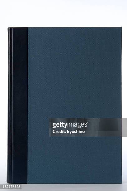 isolated shot of blue blank book on white background - blank book cover stockfoto's en -beelden
