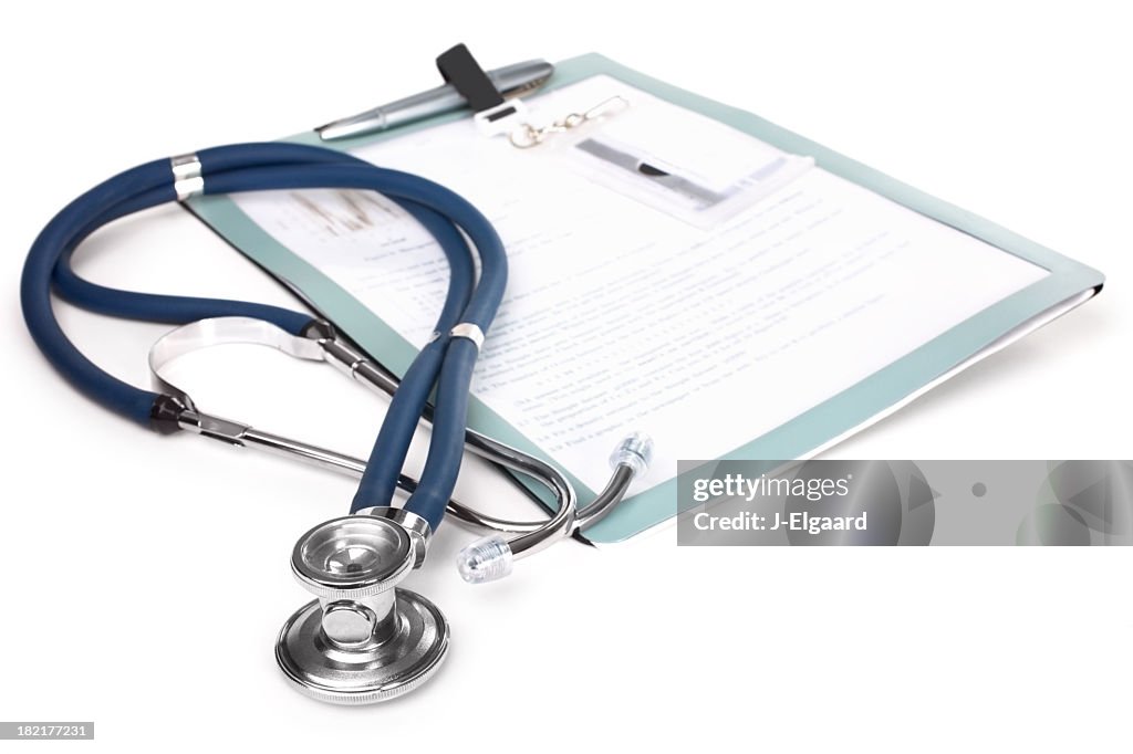 Stethoscope and a report isolated over white