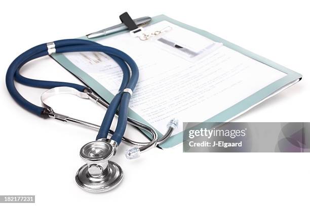 stethoscope and a report isolated over white - healthcheck stock pictures, royalty-free photos & images