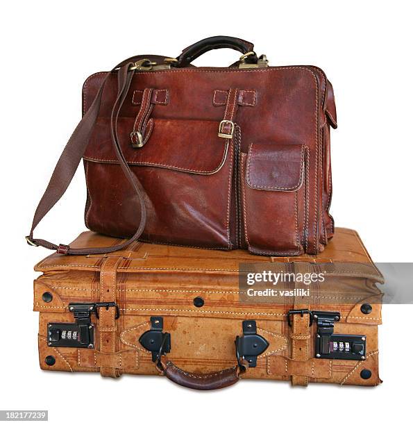 Old Fashioned Round Leather Suitcase Stock Photo - Download Image