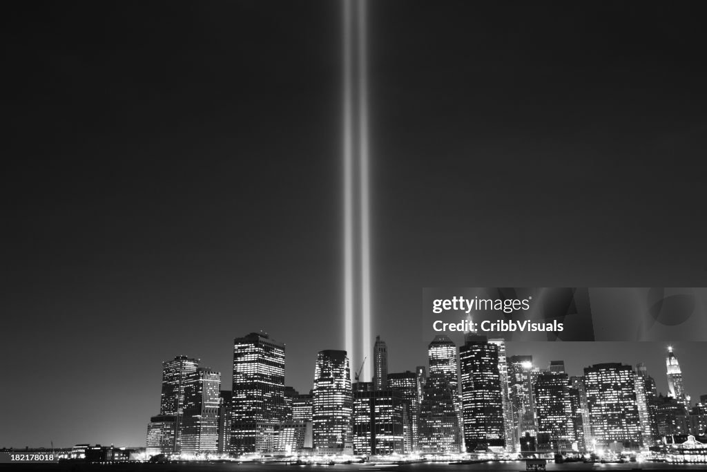 Monochrome effect on the September 11 Memorial Lights, NYC