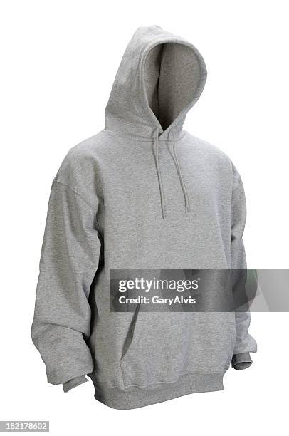 gray leere sweatshirt mit kapuze, vorderseite, isoliert auf weiss mit clipping path - kapuzenoberteil stock-fotos und bilder