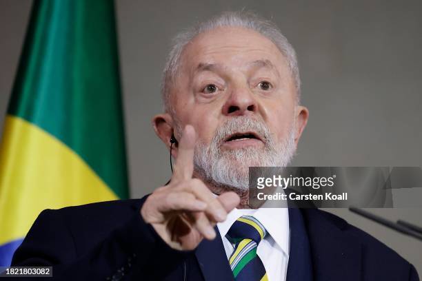 Brazilian President Luiz Inacio Lula da Silva speaks during a press conference with German Chancellor Olaf Scholz at Chancellory on December 4, 2023...