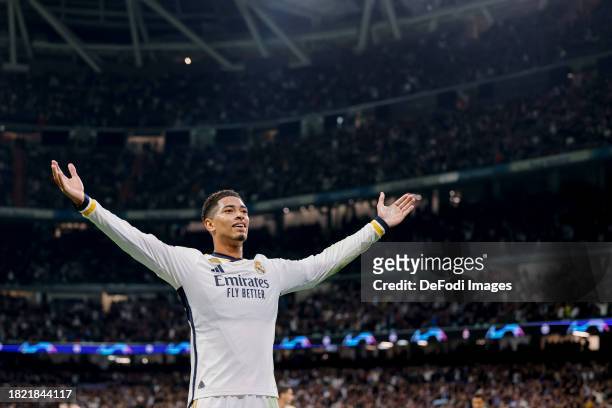 Jude Bellingham of Real Madrid celebrates after scoring his team's second goal during the UEFA Champions League match between Real Madrid and SSC...