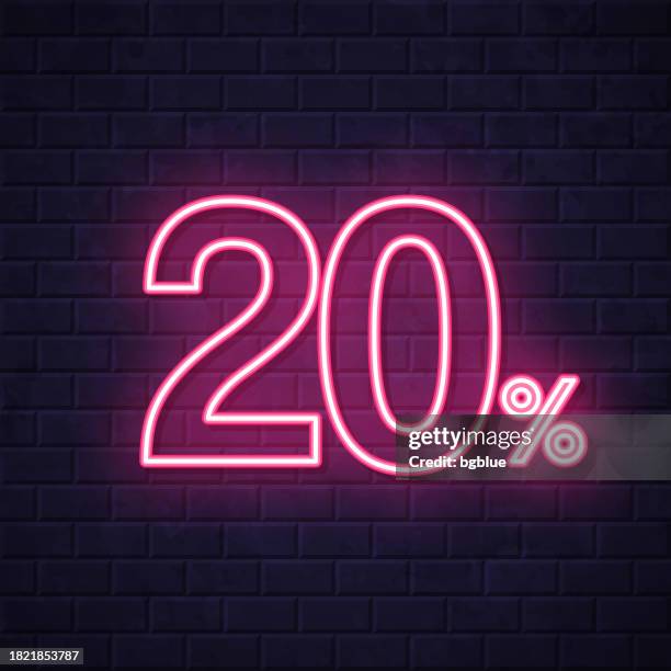 20% - twenty percent. glowing neon icon on brick wall background - fee reduction stock illustrations
