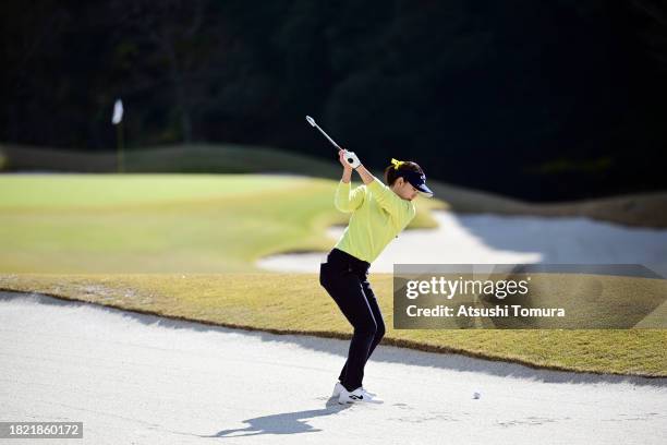 Yui Kawamoto of Japan hits her second shot on the 5th hole during the third round of the JLPGA Qualifying Tournament Final Stage at Katsuragi Golf...