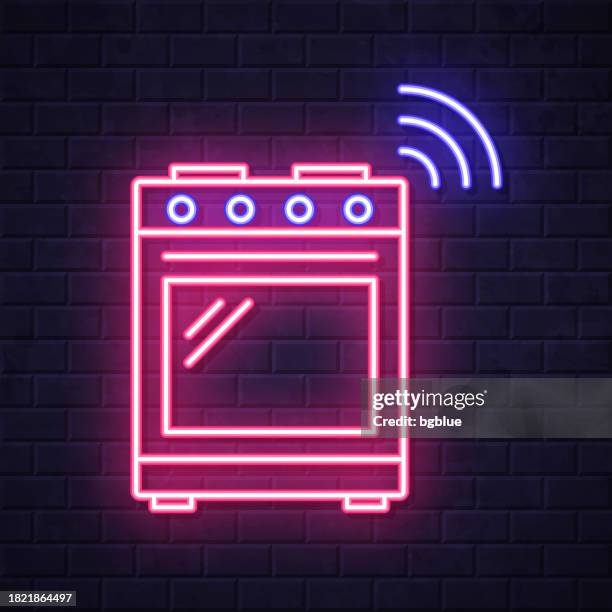 smart range. glowing neon icon on brick wall background - kitchen wall stock illustrations