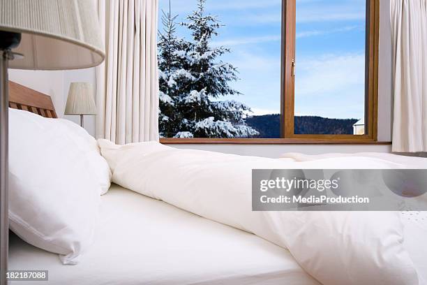 bedroom with scenery - dekbed stockfoto's en -beelden