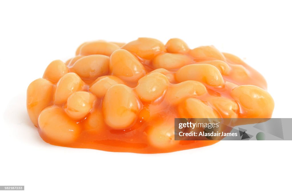 Pile of baked beans on a white background
