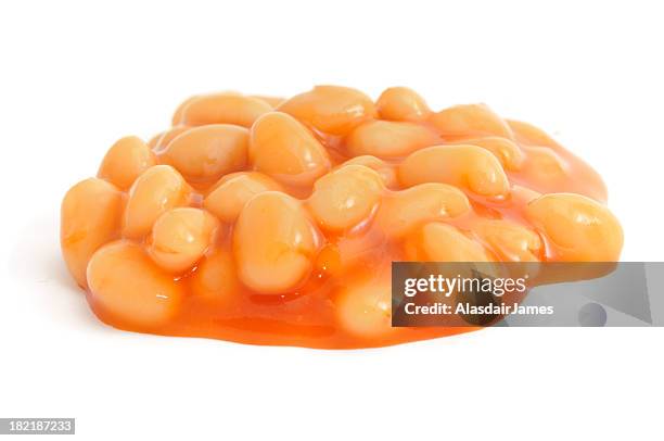 pile of baked beans on a white background - tomato sauce isolated stock pictures, royalty-free photos & images