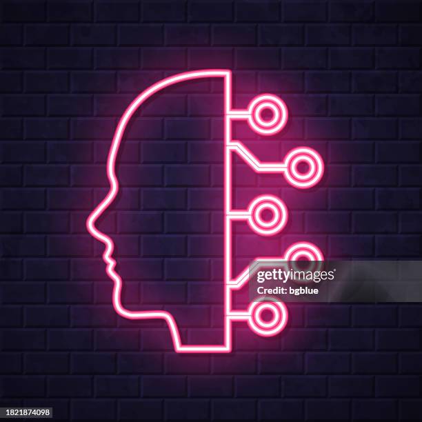human face and circuit board. glowing neon icon on brick wall background - face lit by computer stock illustrations