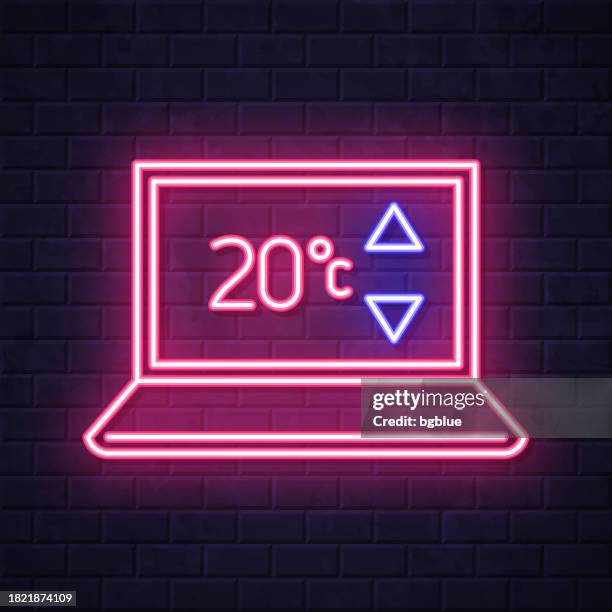 laptop with heating control. glowing neon icon on brick wall background - measuring height on wall stock illustrations
