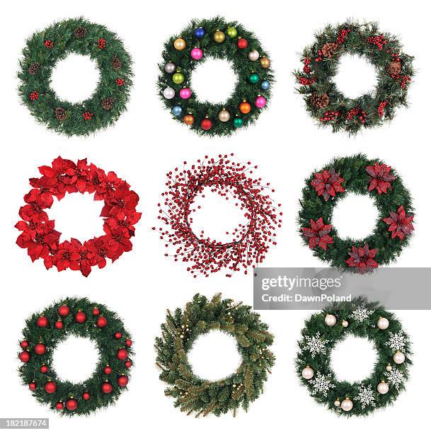 a variety of decorated holiday wreaths - bloemenkrans stockfoto's en -beelden