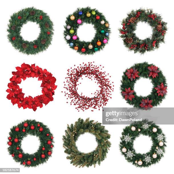 a variety of decorated holiday wreaths - blomsterkrans bildbanksfoton och bilder