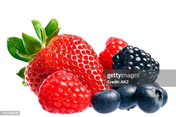 mixed berries over white - summer fruits stockfoto's en -beelden