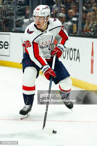 Nicolas Aube-Kubel of the Washington Capitals in the first period at Crypto.com Arena on November 29, 2023 in Los Angeles, California.