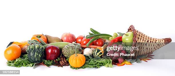 cornucopia with fresh fruits and vegetables isolated on white - thanksgiving cornucopia stock pictures, royalty-free photos & images