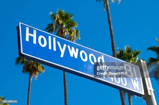 hollywood boulevard firmare e alberi di palma - boulevard foto e immagini stock