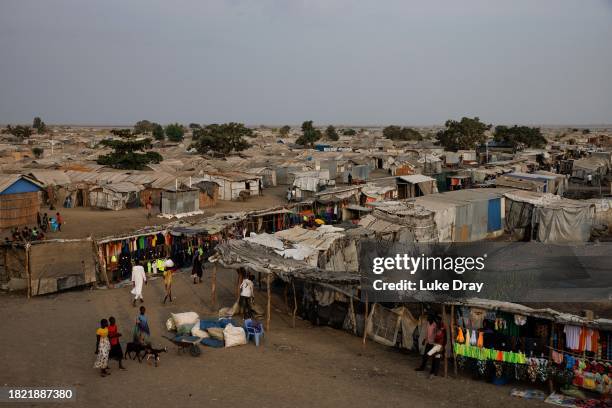 General view of an Internally Displaced Persons camp on November 30, 2023 in Bentiu, South Sudan. Climate change has divided South Sudan into land...