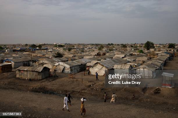 General view of an Internally Displaced Persons camp on November 30, 2023 in Bentiu, South Sudan. Climate change has divided South Sudan into land...