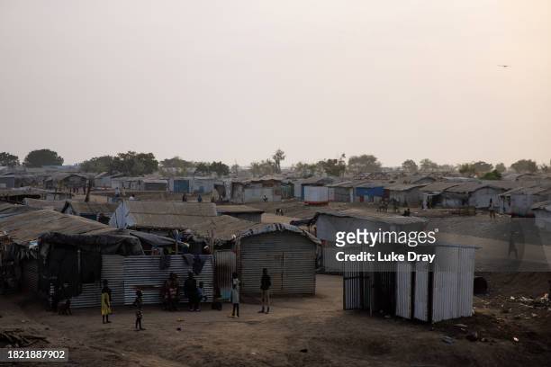 General view of an Internally Displaced Persons camp on November 30, 2023 in Bentiu, South Sudan. Climate change has divided South Sudan into land...
