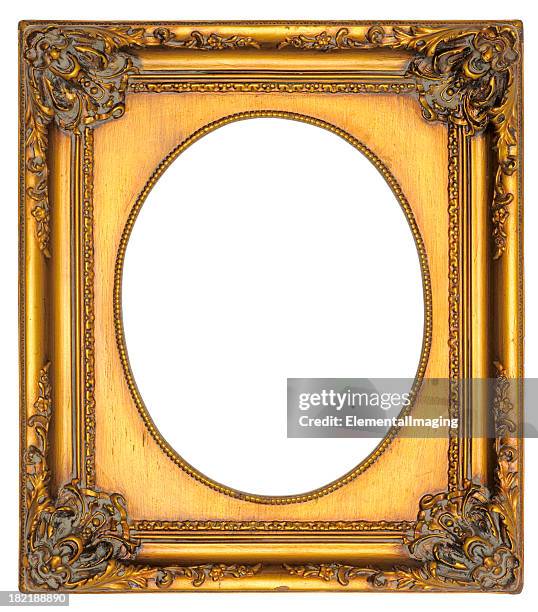 ornate gold oval portrait picture frame. isolated with clipping path - gold rectangle stock pictures, royalty-free photos & images