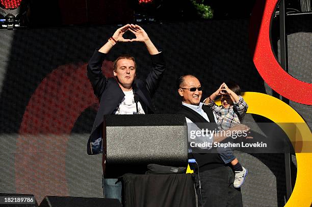 Hugh Evans and President of World Bank Jim Yong Kim appear at the 2013 Global Citizen Festival in Central Park to end extreme poverty on September...