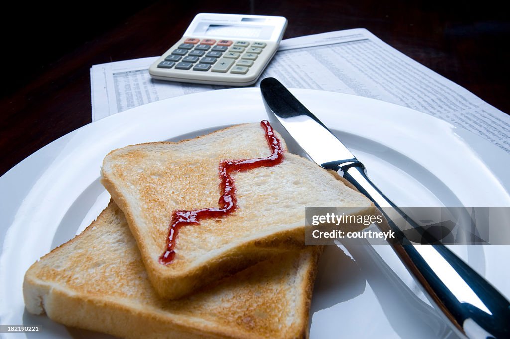 Business breakfast concept with calculcator and toast