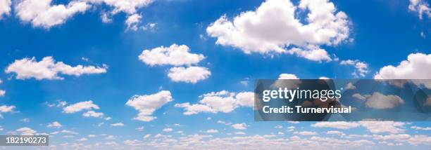 fluffy clouds & blue sky panorama - fluffy cloud sky stock pictures, royalty-free photos & images