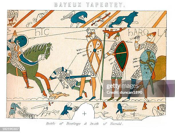 ilustrações, clipart, desenhos animados e ícones de tapeçaria bayeux-batalha de hastings - luta de espadas