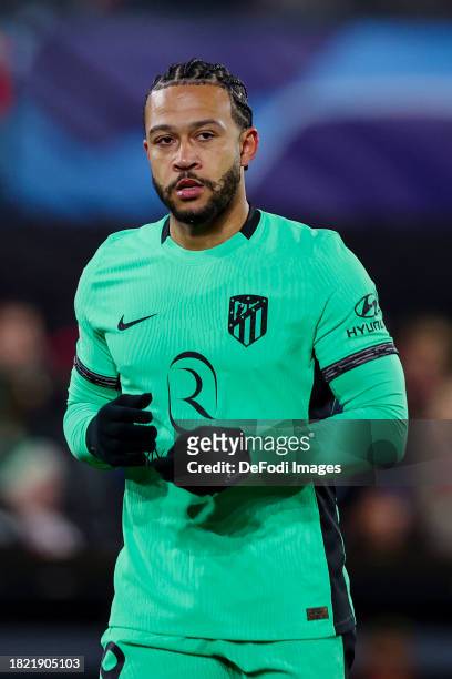 Memphis Depay of Atletico Madrid looks on during the UEFA Champions League match between Feyenoord and Atletico Madrid at Feyenoord Stadium on...