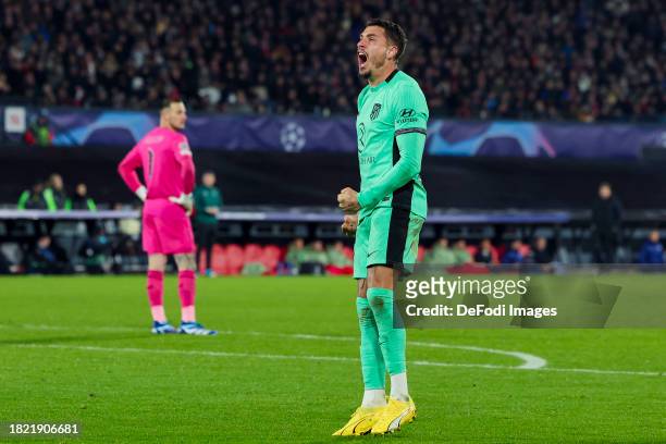 Mario Hermoso of Atletico Madrid celebrates after scoring his teams 0:2 goal during the UEFA Champions League match between Feyenoord and Atletico...
