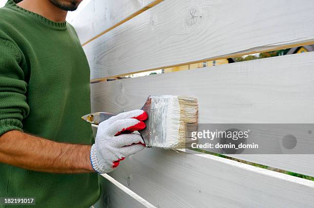 hombre está pintando con cepillo valla de madera de color blanco - fence fotografías e imágenes de stock