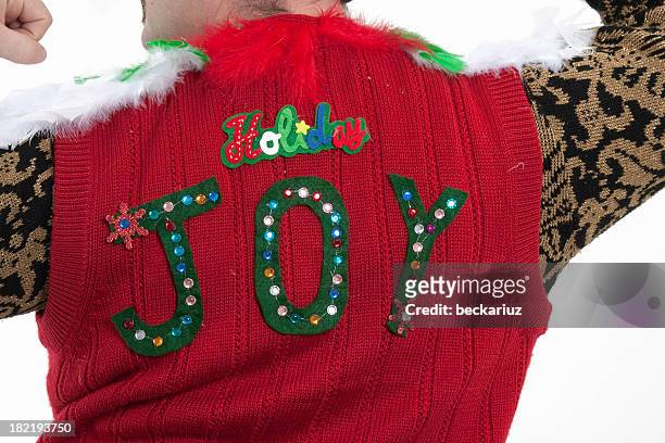 tacky christmas sweater - ugliness stock pictures, royalty-free photos & images