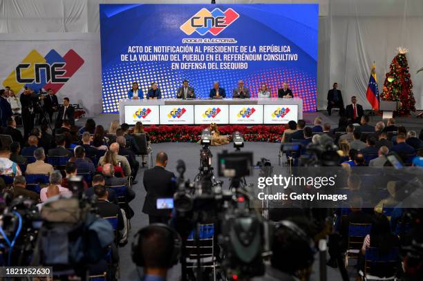 President of Venezuela Nicolas Maduro speaks during a press conference on the day after Venezuelans voted in the referendum about the border conflict...