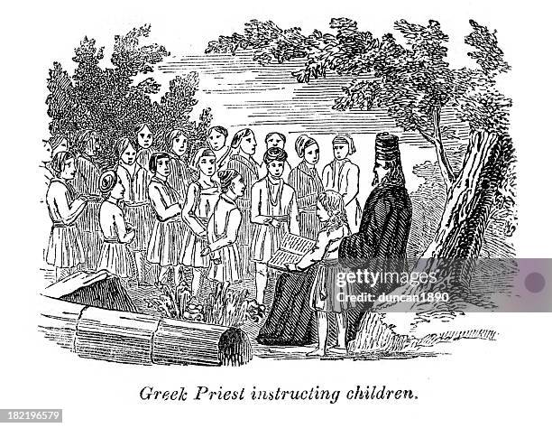 greek priest instructing children - greek orthodox stock illustrations