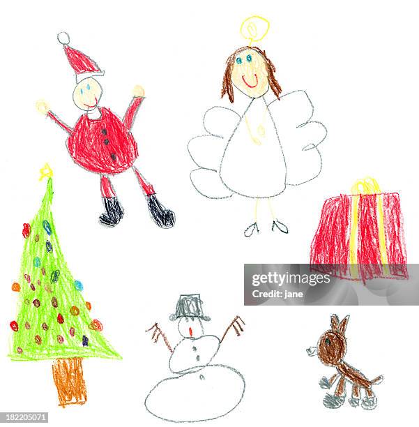 kid's christmas - children drawing white background bildbanksfoton och bilder
