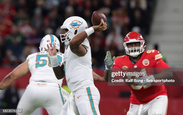 Tua Tagovailoa of Miami Dolphins plays the ball during the NFL match between Miami Dolphins and Kansas City Chiefs at Deutsche Bank Park on November...