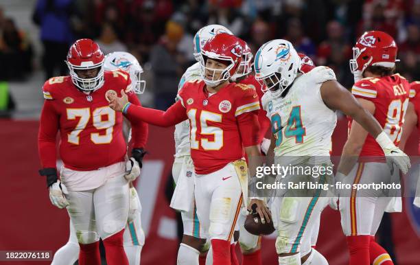 Quarterback Patrick Mahomes of Kansas City Chiefs gestures during the NFL match between Miami Dolphins and Kansas City Chiefs at Deutsche Bank Park...
