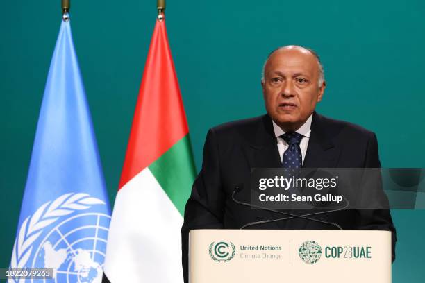 Sameh Shoukry, President of the UNFCCC COP27 Climate Conference and Egyptian Minister of Foreign Affairs, speaks during the opening ceremony of the...